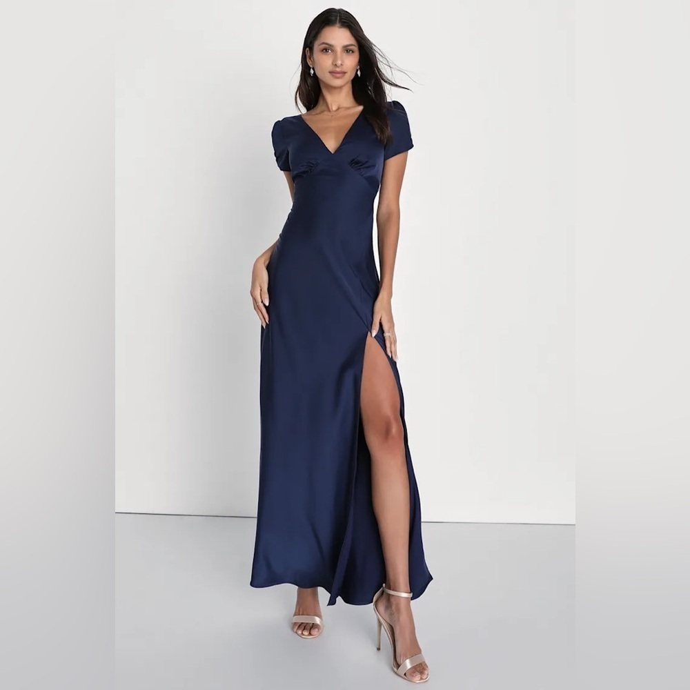 Lulus Epitome of Romance Navy Blue Satin Puff Sleeve Maxi Dress